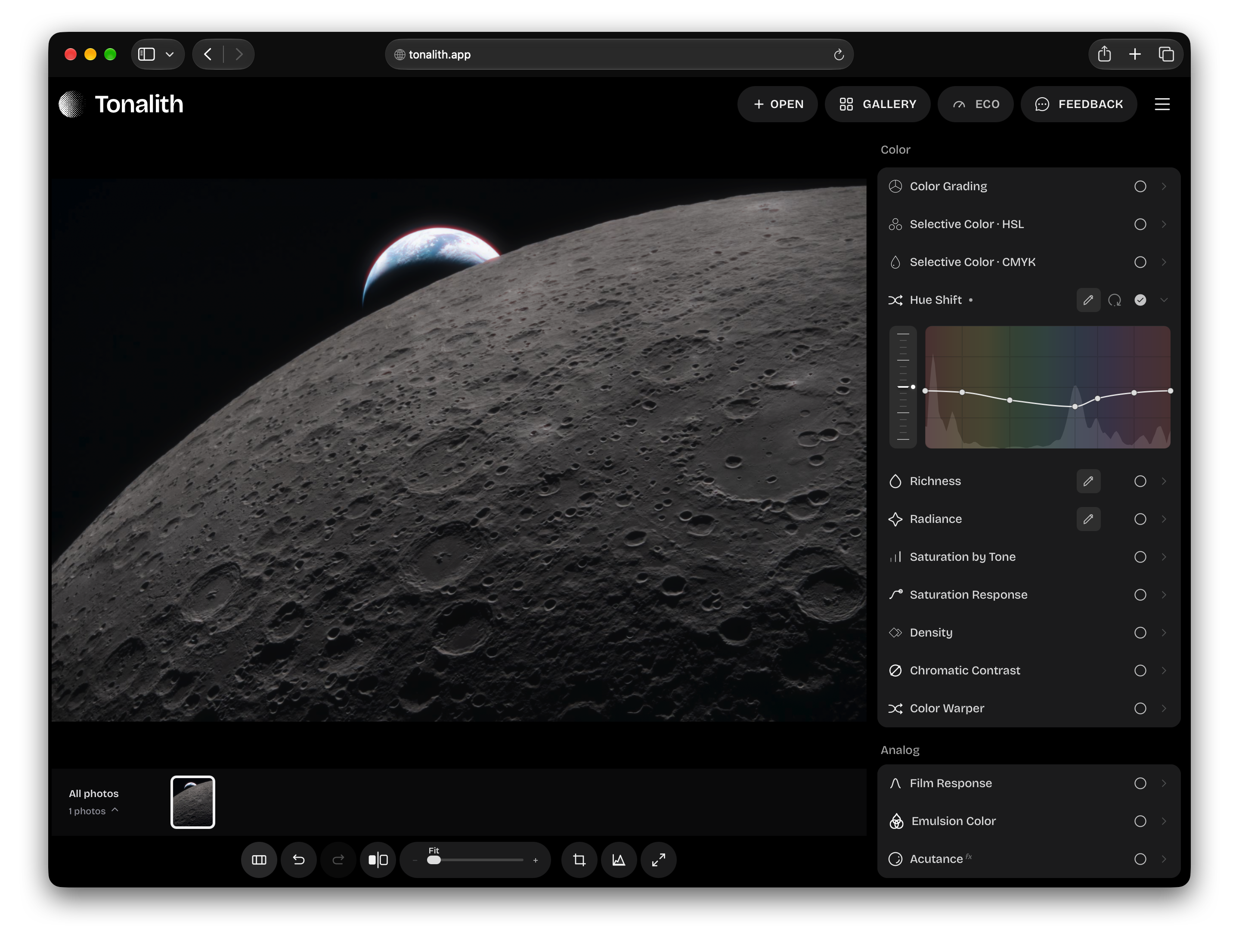 Tonalith photo grading workspace showing an Earthrise photograph, hue controls, and film response tools